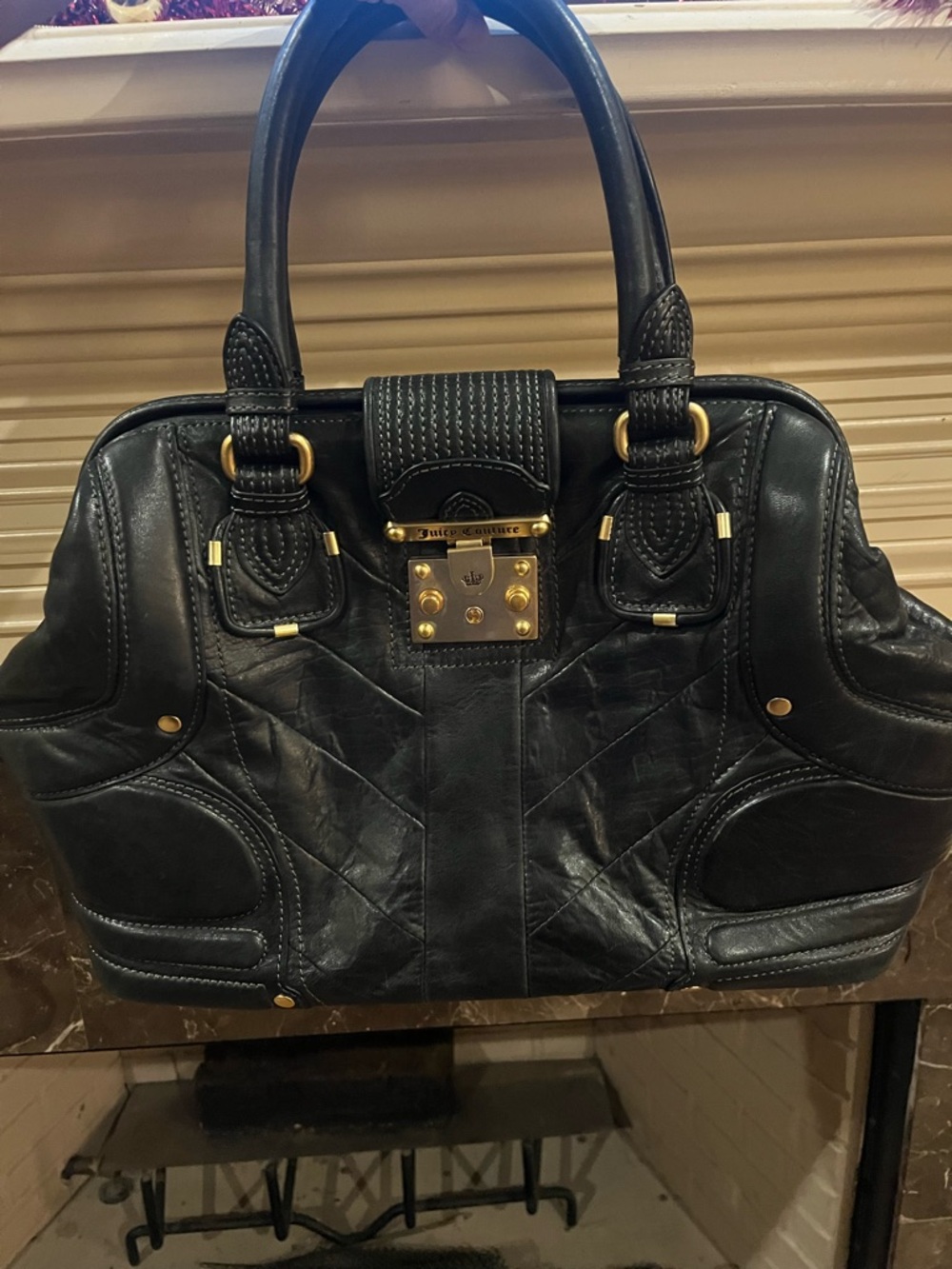 Juicy Couture Y2K Black Leather Satchel with Gold Hardware RARE